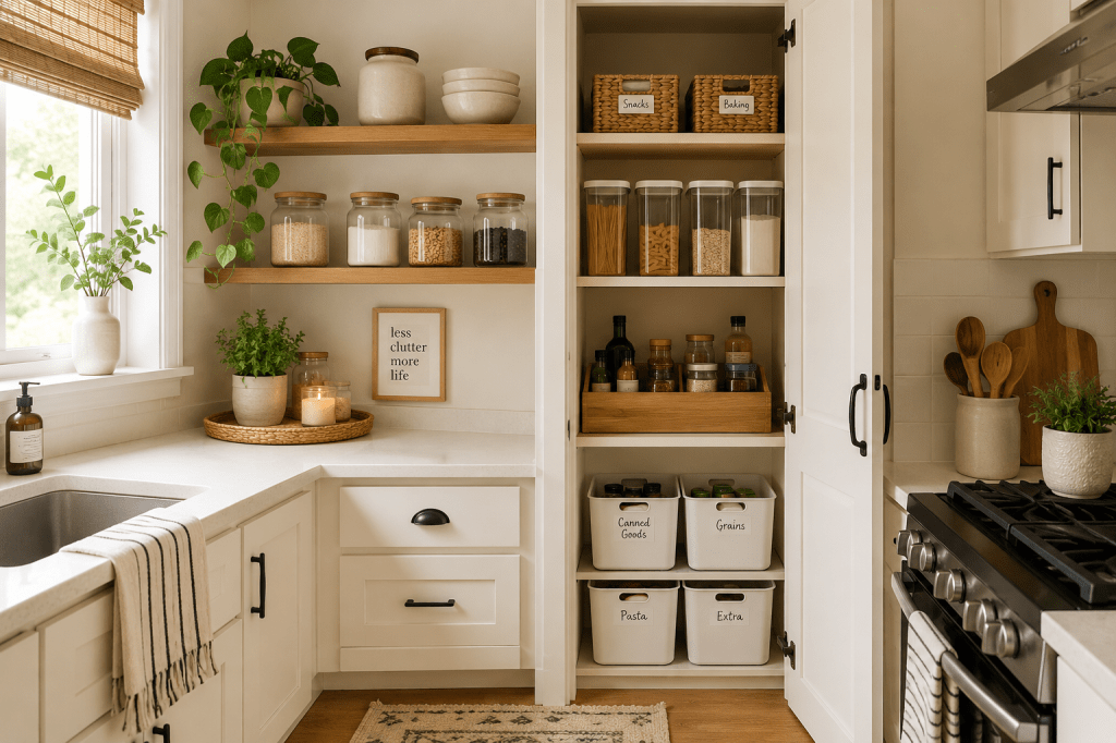 Organized small kitchen with open shelving and space-saving storage
