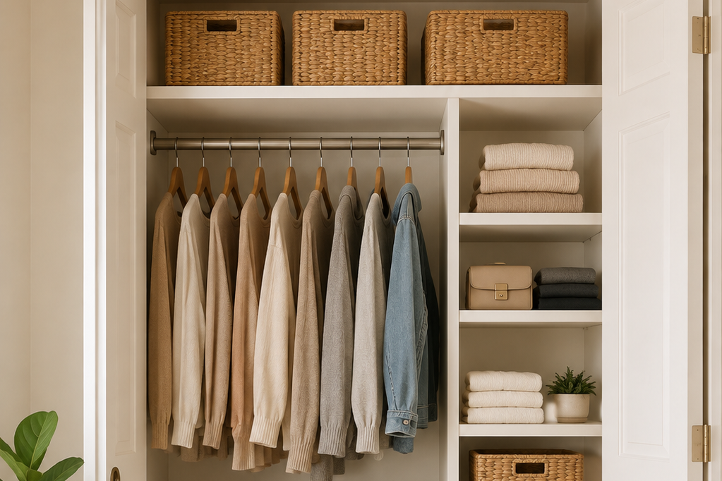 Organized small closet with shelving, baskets, hanging clothes, and storage